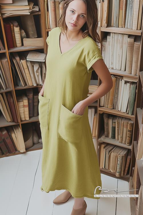 Casual lime dress styled with beachy waves for a stunning summer look
